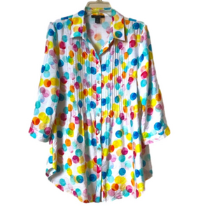 Alison Sheri Polka Dot Smock Top Multi Colour 3/4 Roll-Tab Sleeve Shell Buttons